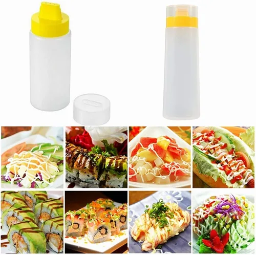 Vista 5 de Ebonee Botella de salsa exprimible de 4 agujeros, botella exprimible de mermelada con tapas para salsa de tomate, mayonesa, aceite de oliva, aderezo