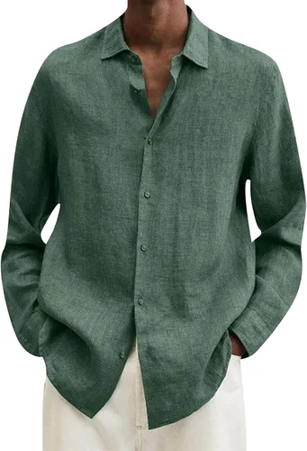 Vista 6 de EFOFEI Camisa de algodón y lino con botones para hombre, camisas casuales de manga larga, con solapa, color sólido