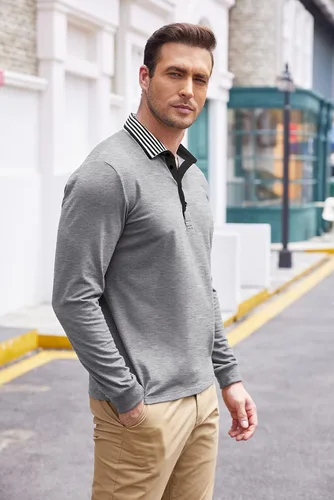 Vista 2 de COOFANDY Polo de manga larga para hombre, cuello a rayas, casual, ajustado, de algodón
