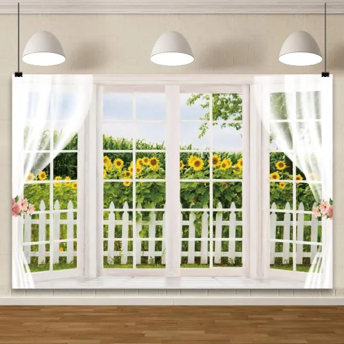 Vista 2 de YongFoto Telón de fondo de ventana de primavera de 5 x 3 pies, girasol amarillo, valla de madera rústica, campo, jardín, naturaleza, paisaje, niña