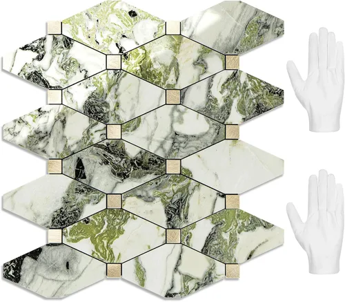Vista 27 de STICKGOO 1 hoja de salpicaduras de pared para despegar y pegar, adhesivos de azulejos compuestos de aluminio Calacatta, salpicaduras autoadhesivas