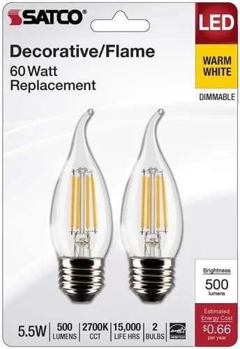 Vista 2 de Satco 21852-5.5CA10/LED/927/CL/120V/E26/2C Decorativa (S21852) Punta de Vela Bombilla LED