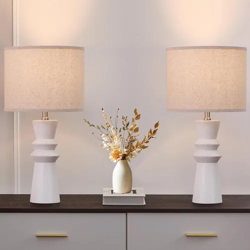 Vista 5 de Juego de 2 lámparas de mesa minimalistas de cerámica blanca de 24.75 pulgadas, lámpara de mesa auxiliar moderna Neutral White Lamps Set of 2, For