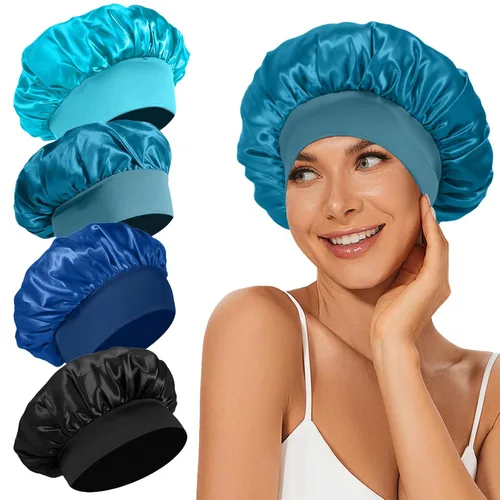Vista 12 de 4 piezas de gorro de satén de seda, gorro de cabello para dormir, gorro de seda elástica de banda ancha para dormir, suave y transpirable Gorra