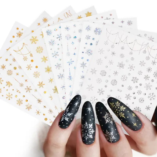 Vista 6 de 12 hojas de calcomanías de arte de uñas de copo de nieve de Navidad, suministros de uñas doradas, calcomanías de uñas de copo de nieve, copos