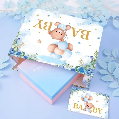 Vista 6 de Plauthus Bolsas de regalo grandes para bebé de 13 pulgadas con papel de seda y tarjeta de felicitación (oso de balón y floral), bolsas de regalo