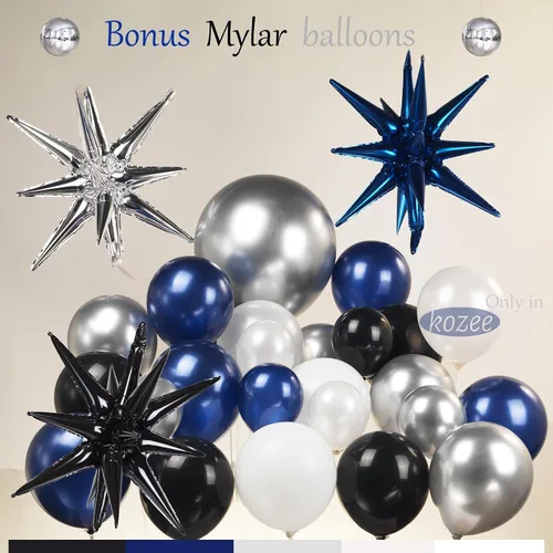 Vista 5 de Kozee Kit de guirnalda de globos azul marino y negro, 132 piezas azul oscuro con arco de globos en explosión de estrellas blancas plateadas