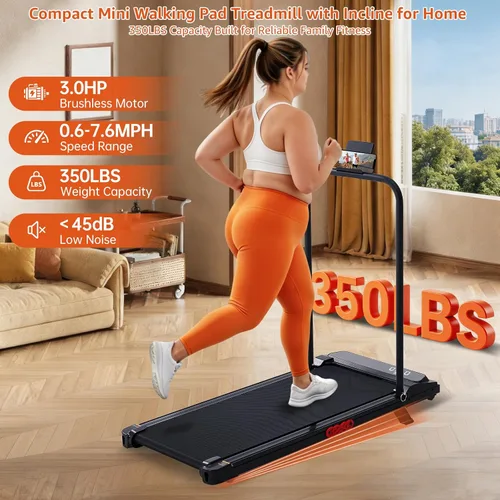 Vista 11 de Walking Pad Treadmill with Handle Bar, 3.0HP Portable Electric Treadmills for Exercising, 0.6-7.6MPH Mini Walking Pad Treadmill with Incline, Under