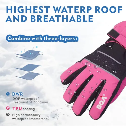 Vista 3 de BQA Guantes de esquí para niños, impermeables, para invierno, clima frío, snowboard, nieve, guantes cálidos para niños y niñas