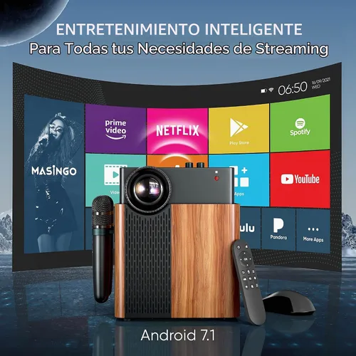 Vista 2 de [Usado] MASINGO Máquina de karaoke portátil 4 en 1 con proyector inteligente de 1080p con WiFi, altavoz y 2 micrófonos inalámbricos. Sistema Android