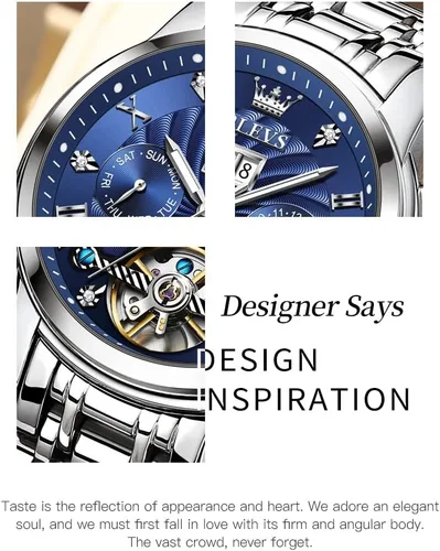 Vista 9 de OLEVS - Reloj automático para hombre con diseño de esqueleto de 5 manecillas, clásico, de lujo, multicalendario, de acero inoxidable, impermeable
