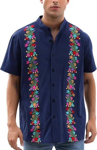 Vista 14 de Camisas mexicanas para hombre, camisas de vestir tradicionales de guayabera para hombre, con botones, cuello de banda, camisa de vestir para fiesta