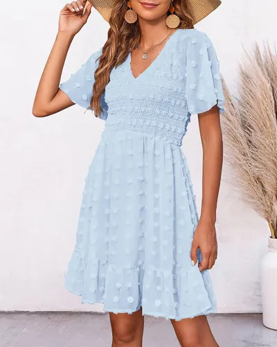 Vista 2 de BTFBM - Vestido de vacaciones en la playa para mujer, cuello en V, manga corta, fruncido, plumetí, casual, con volantes,vestidos cortos