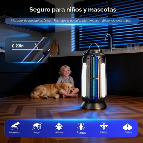 Vista 4 de Exterminador solar de insectos para exteriores – Batería de 5000 mAh, matamosquitos de 4200 V, recargable USB-C y paneles solares de 4 lados Negro