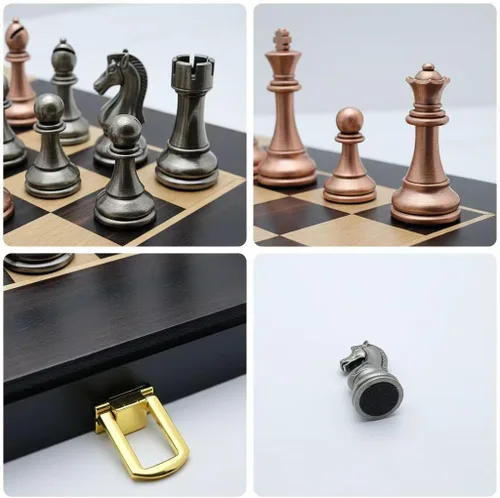 Vista 4 de Juego de ajedrez de metal retro de 15 pulgadas, tablero de ajedrez de madera plegable con piezas de ajedrez de metal pesadas, ideal