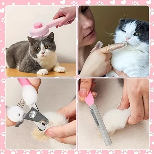Vista 3 de 7-in-1 Cat Grooming Kit Self-Cleaning Slicker Brush Nail Clippers File Comb Toothbrush Set for Cats Small Dogs
