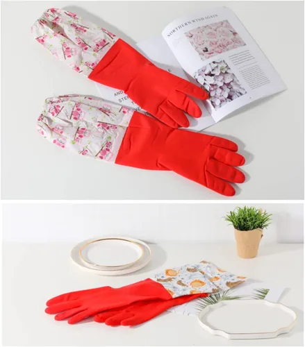 Vista 8 de Myungjin Forro polar, puño largo, reutilizables, impermeables, para lavar platos, antideslizantes, guantes de goma de limpieza (1)