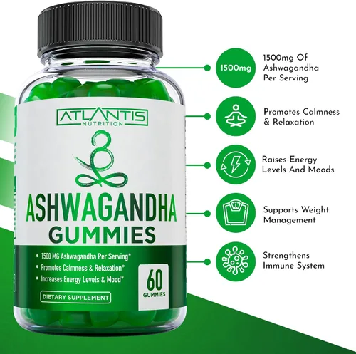 Vista 3 de 60 gomitas Ashwagandha + 60 gomitas de cereza ácida -Ashwagandha aumenta los niveles de energía y fortalece el sistema inmunológico. La cereza ácida