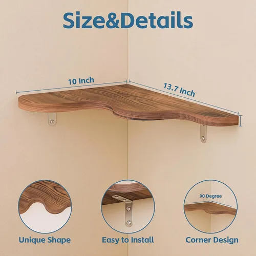 Vista 2 de Cute Cloud Corner Shelves - Set of 2 Brown Wooden Floating Corner Shelves Wall Mounted, 90-Degree Space-Saving Nursery Shelves with Brackets, Kids