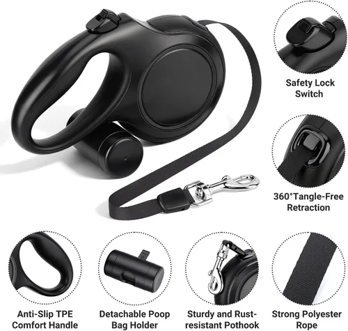 Vista 3 de Segarty Correa retráctil para perro de 16 pies con soporte desmontable para bolsa de excrementos, correa para caminar de 16.4 ft para mascotas