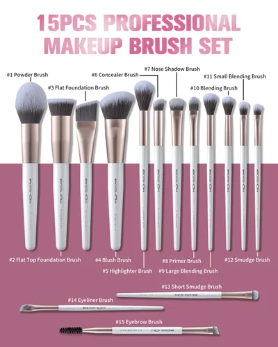 Vista 2 de EIGSHOW Juego de brochas de maquillaje, 15 brochas de maquillaje profesional con cerdas de iones plateadas para base, colorete, iluminador champán