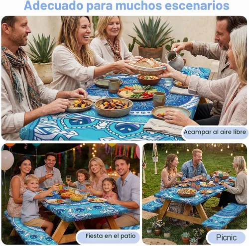Vista 7 de Funda de mesa de picnic con fundas para bancos Esenciales de camping Mantel de picnic impermeable y a prueba de viento con bolsa de cordón, funda