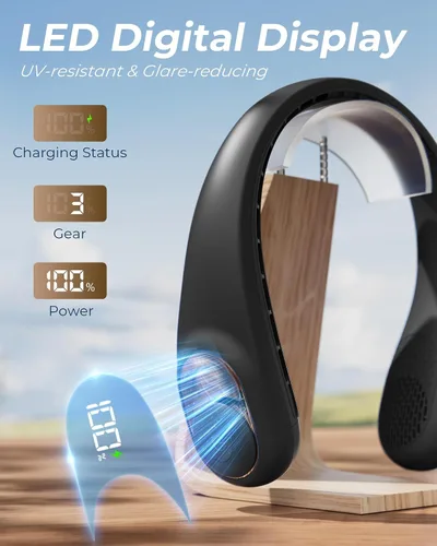 Vista 6 de TUNISE Ventilador de cuello, ventilador personal con pantalla LED, recargable USB-C, batería de 4000 mAh, ajuste de 3 velocidades y funcionamiento