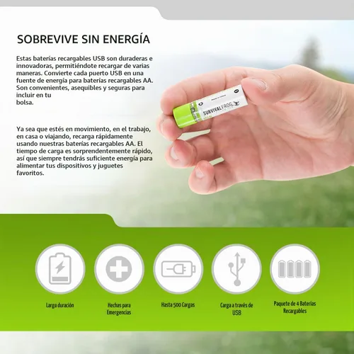 Vista 7 de Survival Frog EasyPower - Baterías recargables USB AA de 1.2 V/1450 mAh de larga duración, doble A USB Co. - (paquete de 4)