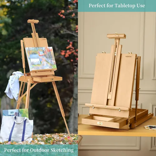 Vista 5 de VISWIN Caballete francés para pintar con paleta, correa para el hombro y almacenamiento, caballete de madera de haya ajustable para viajes