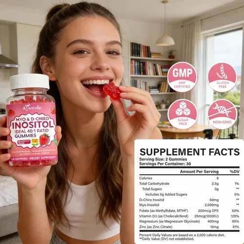 Vista 6 de Gomitas de mio-inositol y D-Chiro inositol proporción 40:1 - Suplemento de equilibrio hormonal para mujeres - Apoyo ovárico y fertilidad