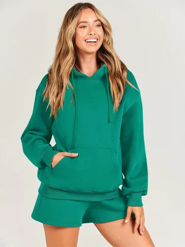Vista 2 de ANRABESS Conjunto de 2 piezas para mujer, sudadera corta con cordón y capucha de gran tamaño, conjunto a juego