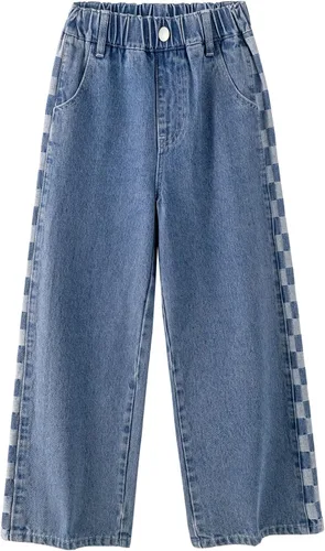 Vista 5 de Rolanko Pantalones vaqueros para niñas, cintura elástica, pierna ancha, pantalones holgados para niños, ropa para niños de 4 a 14 años