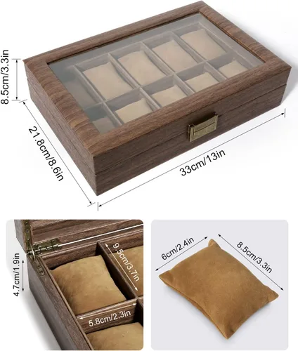 Vista 4 de Uten Caja de reloj con 10 ranuras, organizador de caja de reloj con tapa de vidrio real, caja de almacenamiento de cuero sintético de grano