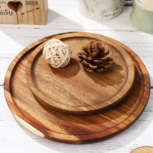 Vista 2 de STOBAZA Bandejas decorativas de madera de acacia para mesa auxiliar, juego de 2 bandejas redondas de madera para centro de mesa, bandeja para velas