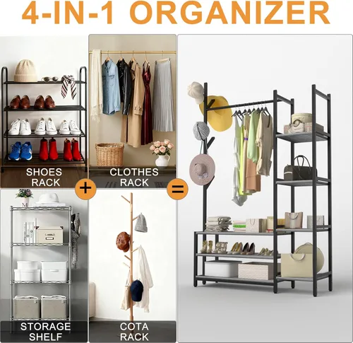 Vista 3 de Organizador de armario independiente 4 en 1 con perchero y zapatero y 5 estantes laterales, perchero de madera resistente para colgar ropa, armario