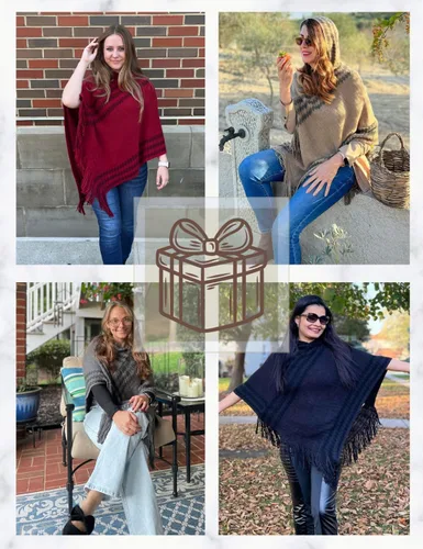 Vista 5 de Ferand Suéter poncho de punto con capucha y rayas en zigzag para mujer con flecos