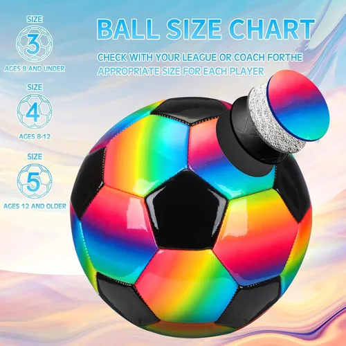Vista 3 de Retisee Balón de fútbol de arcoíris con inflador, tamaño oficial, para interiores y exteriores, suave, inflable, para niños, adolescentes y adultos