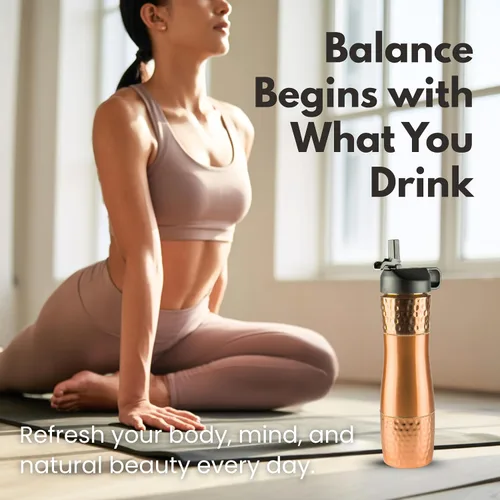 Vista 5 de Botella de agua de cobre puro para agua potable con pajita y tapa deportiva 33.5oz / 950ml Botella de cobre ayurvédica para beneficios de salud