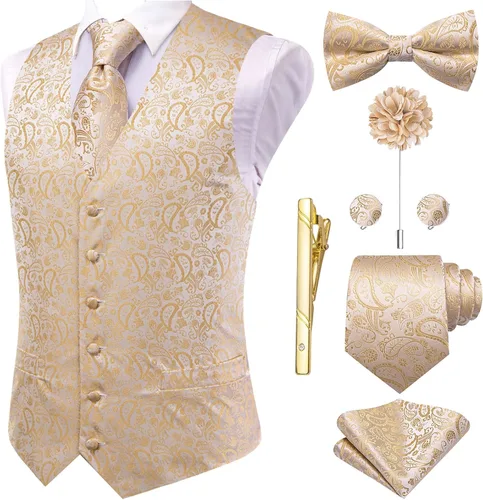 Vista 15 de Hi-Tie Chaleco de traje de seda para hombre, corbata y corbatín de solapa, clip de corbata dorado, chaleco floral de cachemira, 8 piezas, conjunto