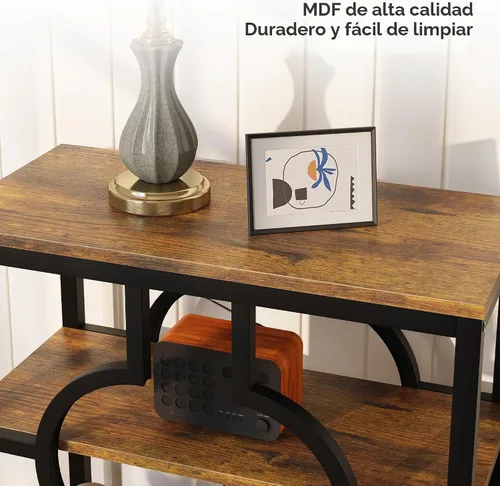Vista 6 de Mesa auxiliar, mesa auxiliar estrecha con estantes de almacenamiento de 3 niveles, mesa auxiliar de sofá de madera con marco de metal geométrico