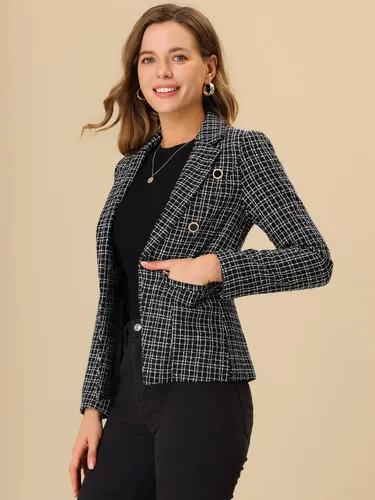 Vista 2 de Allegra K Chaqueta de tweed para mujer, chaqueta a cuadros de manga larga, elegante para el trabajo, frente abierto, chaqueta de tweed