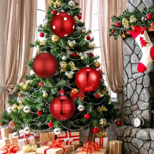 Vista 4 de Tigeen 4 adornos de bola de Navidad rojos grandes de 6 pulgadas, adornos colgantes de Navidad extra grandes de 5.906 in con purpurina para invierno