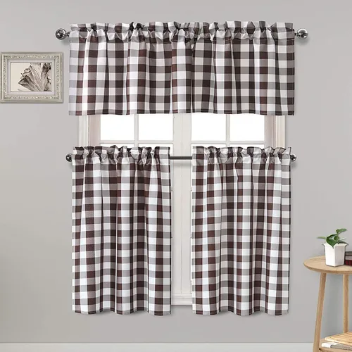 Vista 18 de Hiasan - Juego de cortinas semitraslúcidas a cuadros con cenefa y paneles de cocina, filtro de luz Buffalo a cuadros, color aguamarina y blanco