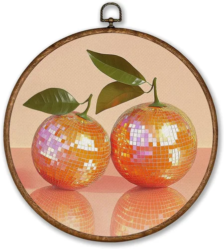 Vista 9 de Voxitura Arte de pared de frutas de cereza disco con marco redondo, decoración de pared preppy lienzo femenino para habitación de cocina, pinturas