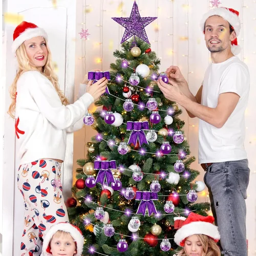 Vista 4 de Hiboom Juego de 48 piezas de decoraciones de árbol de Navidad morado, estrella de purpurina, topper de árbol con lentejuelas, falda de árbol