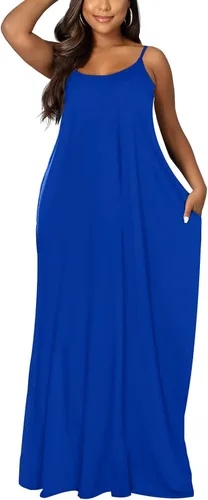 Vista 3 de OFEEFAN - Maxivestido de verano para mujer, diseño con tirantes delgados y bolsillos.