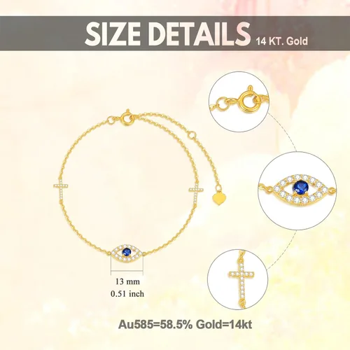Vista 3 de 14K Real Gold Evil Eye Bracelet for Women Yellow Gold Eveil Eye and Cross Bracelets Dainty Blue Evil Eyes Bracelet Adjustable 6.5" to 8.5