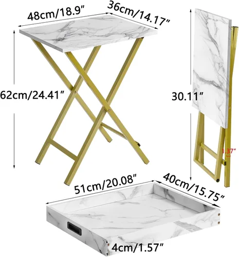 Vista 3 de IBUYKE Juego de 2 bandejas plegables para TV, mesa auxiliar con bandeja extraíble para servir alimentos, mesa portátil de madera para sala de estar