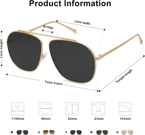 Vista 4 de SOJOS Gafas de sol estilo aviador polarizadas cuadradas retro de gran tamaño para mujer y hombre, clásicas, vintage, de metal, SJ1173