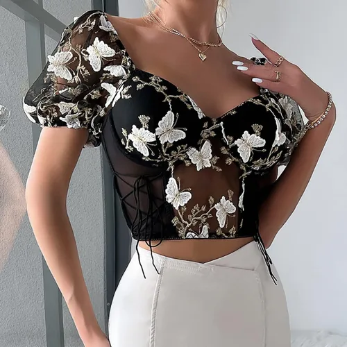 Vista 2 de Camiseta de manga abombada bordada floral para mujer, ajustada, corsé corto, sexy, bustier